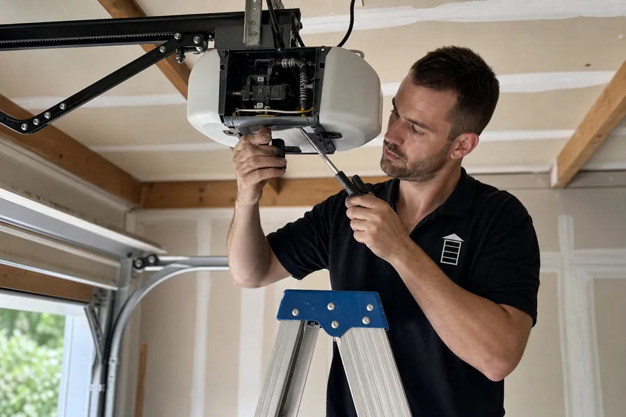 On Call Garage Doors technician repairing a garage door opener in Lincoln, NE