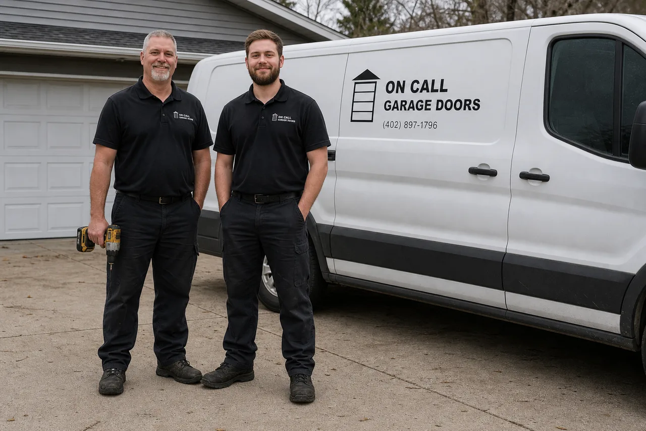 On Call Garage Doors technicians and service van outside a home in Lincoln, NE