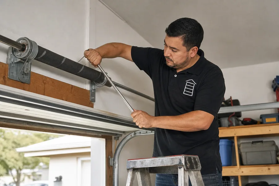 On Call Garage Doors technician replacing a broken torsion spring in Lincoln, NE